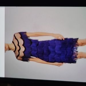 NK32 NAEEM KHAN BEADED FRINGE NAVY BLUE DRESS WITH SHEER YOKE